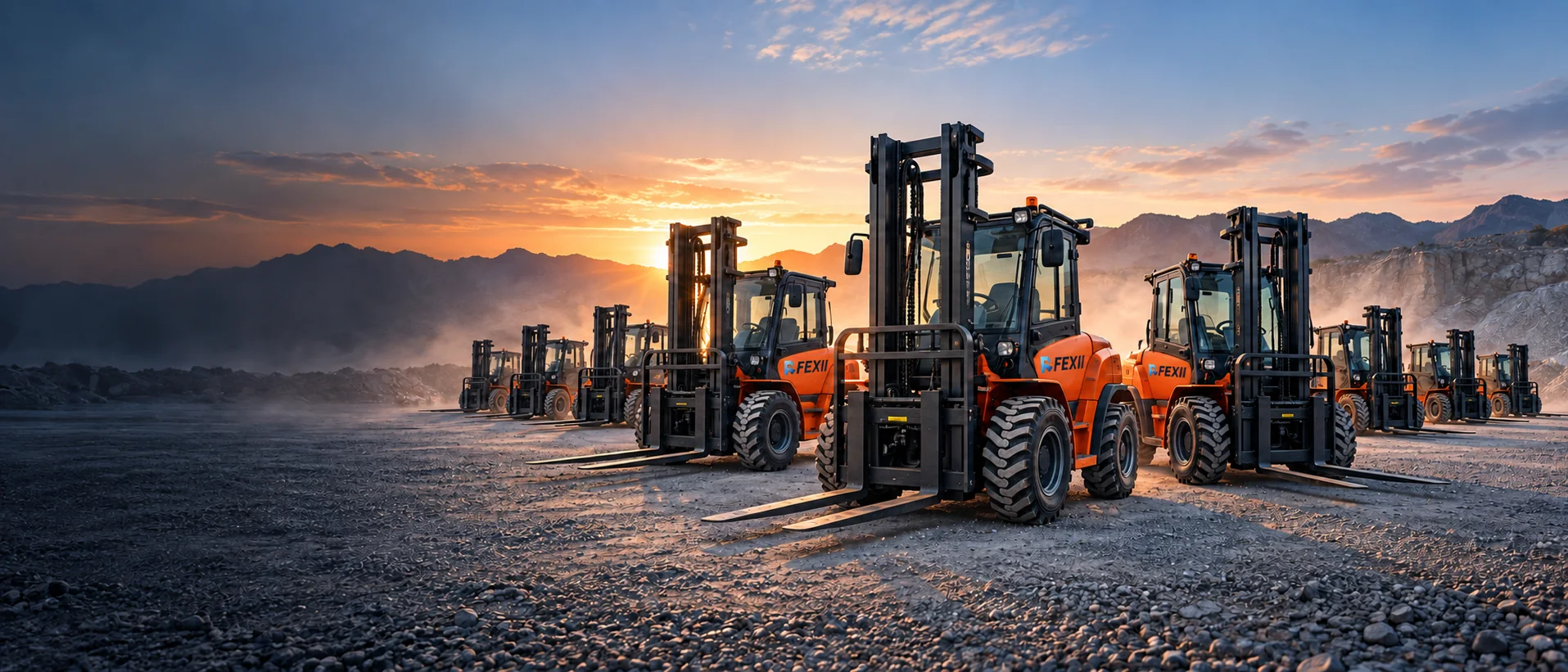 Concept visualization of ten branded FEXII four-wheel-drive rough terrain forklifts arranged as a unified product range.